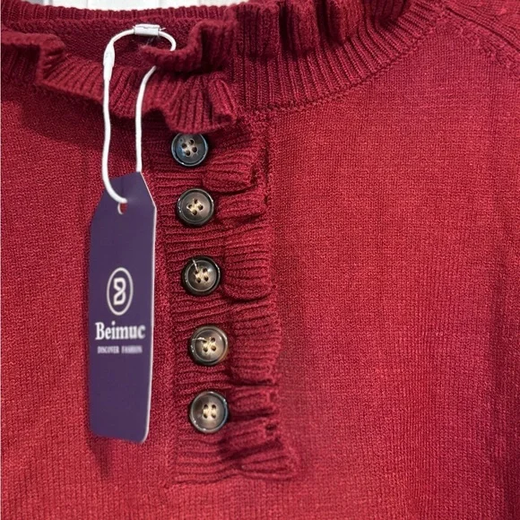 Red Ruffled Button Sweater - Picture 3 of 4